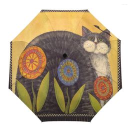 Umbrellas Kitten Flower Cute Fully-automatic Parasol Umbrella Eight Strand Foldable Rain Outdoor For Kid Woman Male