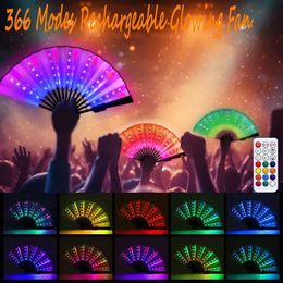 Led Rave Toy RGB luminous folding LED fan 366 mode LED charging handheld fan used for music festivals bars clubs neon parties carnival night dances d240527