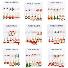 6 Pairs Earrings Set Merry Christmas Santa Claus Snowman Snowflake Deer Xmas Tree Bell Candy Earrings New Year Jewellery Gifts