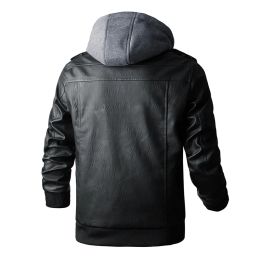 Mens Winter Faux Leather Jacket Motorcycle PU Warm Coat Casual Ribb Sleeve Detachable Hooded Leather Jacket Men