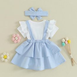 Clothing Sets Toddler Baby Girls 3 Piece Outfit Short Sleeve Ribbed Romper Layered Suspender Dress Headband Set