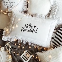 Pillow 18.9x29.1inch French Case White Cotton Cover Fashion Black Words HELLO BEAUTY Embroidery Girl Room Decor 48x74CM