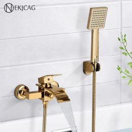 Gold Bathtub Faucet Waterfall Shower Faucet Wall Mounted Hot Cold Water Mixer With Hand Shower Set System For Bathroom