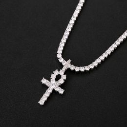 Iced Out CZ Key of Life Egypt Cross Pendant Necklace 4mm Tennis Chain SGold Silver for Men Hiphop Jewelry 2161