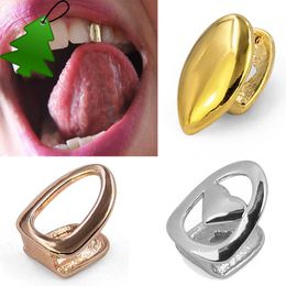 18K Real Gold Hollow Single Teeth Grillz Braces Punk Hiphop Dental Mouth Fang Grills Tooth Cap Cosplay Costume Halloween Party Rapper Body Jewelry Gift Wholesale