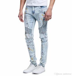 Mens Fashion Designer Skinny Ripped Biker Jeans Distressed Blue Denim Pants Drapped Elastic Long Trousers Joggers Streetwear4842875