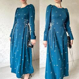 Ethnic Clothing Women Long Dress Blue Round Neck Sleeved Lace Up Abaya Muslim Slim Fit Robe Arab Kaftan Dubai Party Gown High Quality