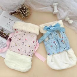 Dog Apparel Pet Clothes Small Sweater Autumn And Winter Scarf Plush Floral Cotton Coat Cat Bow Set Puppy Warm Jacket Chihuahua Yorkshire