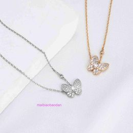 Top Luxury Original Vancllffe Necklace Fashionable and Tide Butterfly Full Diamond Womens Fashion Versatile Korean Edition with Embedding High Grade Love