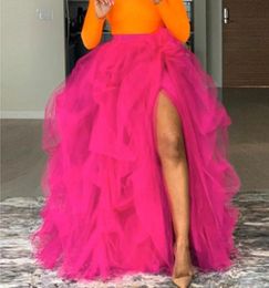 Skirts 2021 Pink Tulle Tutu Long Skirt For Women Puffy High Split Prom Ball Gown Floor Length Ruffled Plus Size7148837