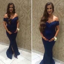 Navy Blue Maternity Long Evening Dress High Quality Mermaid Off The Shoulder Pregnant Women Wear Prom Party Dress Formal Event Gown 281x