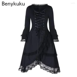 Casual Dresses Vintage Victorian Lace Up High Low Black Dress Plus Size 5XL Gothic Punk Women Clothes Ruffles Long Sleeve Party Midi