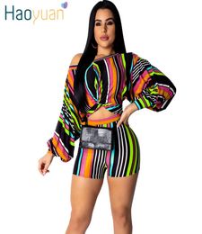 Haoyuan Striped Plus Size 2 Two Piece Set Puff Sleeve Crop Top And Biker Shorts Sexy Club Summer Outfits For Women Matching Sets Y3673746