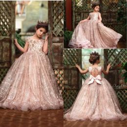 2020 New Rose Gold Sequined Flower Girl Dresses For Weddings Lace Sequins Bow Open Back Sleeveless Girls Pageant Dress Kids Communion G 1955