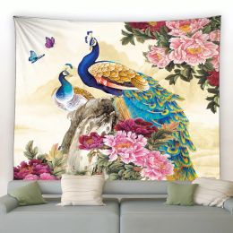 Blue Peacock Peony Flower Butterfly Bird Green Bamboo Plant Chinese Wall Hanging Tapestry Home Living Room Bedroom Decoration