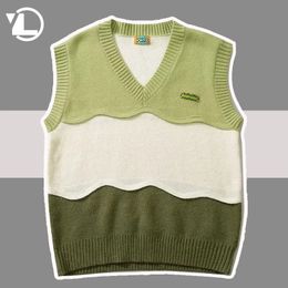 College Knitted Vest Sweaters Men Women High Street Casual Color Block V-neck Sleeveless Sweater Loose Casual Pullover Tops 240516