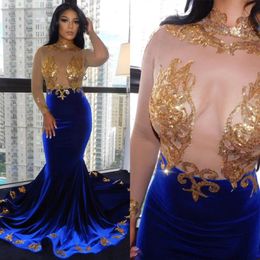 2022 Sexy Fabulous High-neck Mermaid Prom Dresses Transparent lace Long Sleeve Appliques Lace Royal Blue Evening Gowns B0513 292a