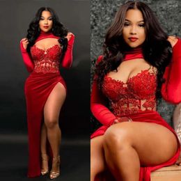 Party Dresses Red Velvet Evening Gown Women Sexy Long Sleeves Sweetheart Cut Out Lace Bra Choker Thigh Side Slit Robe