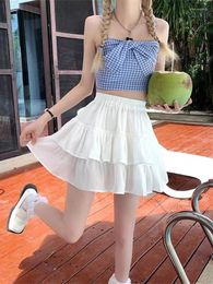 Skirts Pleated A-line Skirt White Women Ruffles Sweet Tie Preppy Style Elastic Waist Slim Thin SimpleCasual Summer Wholesale