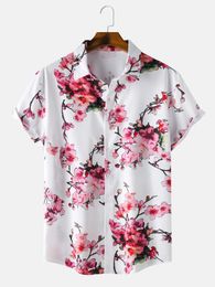 Peach Blossom Mens Short Sleeve Button Down Lapel Printed Shirt Summer Casual Hawaiian shirt 240527