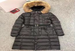 Women Long Down Jacket Detachable Fur Hood Designer Lady Quilted Nylon Parka Fashion Girl Elastic Buckle Belt Side Pockets Zipper 8124447