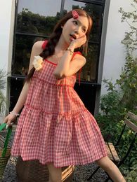 Skirts Women Sweet Preppy Style Mini Dress French Red Plaid Sleeveless Ruffles Bandage Dresses Summer Y2k Street Vintage Vestidos