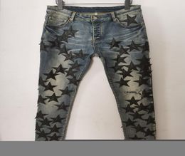 Designers Mens jeans pants Long motorcycle Skinny Leather Fivepointed Star Destroy the quilt Ripped hole Mid jean brand designer 8507214