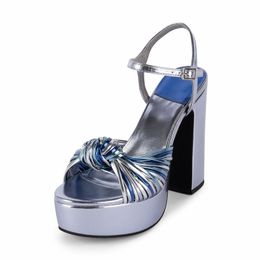 2024 new style lady suede Ladies leather chunky high heel sandals Cross-tied platform peep-toe wedding party shoes colourful Braiding weave buckle Patchwork silver