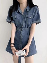 Casual Dresses Vintage Temperament Lapel Women Single-breasted Lace-up Waist Vestidos 2024 Summer Korean Short Sleeve Denim Robe Female