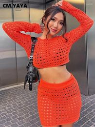 Work Dresses CM. Knit Crochet Women's Set Hollow Out Long Sleeve Sweater T-shirt And Bodycon Midi Skirt 2024 Chic Two 2 Piece Outfits