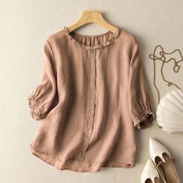 Women's Blouses 2024 Summer Women Cotton Shirt Vintage O Neck 3/4 Sleeve Blouse Elegant Casual Solid Tunic Tops Fashion Buttons Down Blusas
