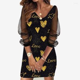 Casual Dresses 2024 Sexy V Neck Long Sleeve Knee Length Shiny See-through Mesh Print Letters Women's Dress Elegant Business Wear