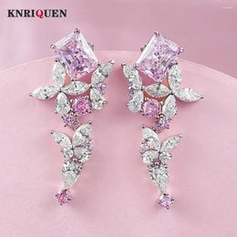 Dangle Earrings Luxury 925 Sterling Silver 7 9mm Pink Quartz Lab Diamond Flower Drop For Women Gemstone Wedding Jewellery Romantic Gift