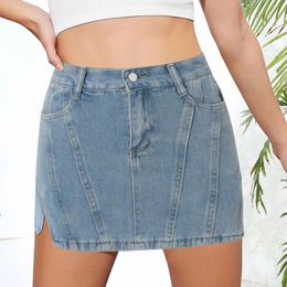 Skirts Fashion Summer Women High Waist Button Wigh Leg Jeans Shorts Casual Female Loose Fit Blue Denim