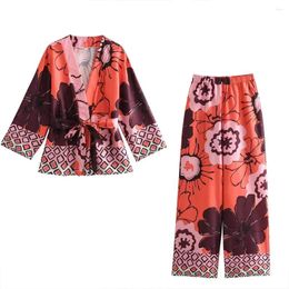 Home Clothing Silk Pajamas For Women 2 Pieces Set Fashion Printed Belt Cardigan Wide Leg Pants Satin Loungewear Sexy Sleepwear Pjs