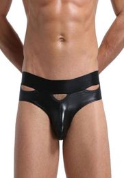 Underpants Men Pu Leather Brief Shiny Underwear Hollow Out GString Thongs Erotic Lingerie Sexy Nightclub Stage Wear Male Bulge Pa9293789