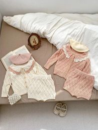 Clothing Sets Baby 2024 Spring Girls Sweater Suit Diamond Knitted Cardigan Coat Shorts 2Pcs Toddler Cotton Knitsuit