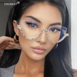 Sunglasses Frames Vintage Half Frame Diamond Glasses Women Anti Blue Light Optical Brand Designer Eyewear Cat Eye Computer Eyeglasses