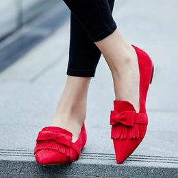 Casual Shoes Bright Red Faux Suede Leather Women Pointy Toe Fringe Flats Slip On Ballet Fashion Dress Spring Bow