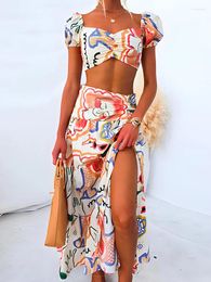 Work Dresses Short Top Maxi Skirts Two Pieces Sets Women Summer Loungewear Printing Patchwork Outfit 2024 Fashion Beach Style Ladies Suits