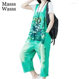 Women's Jeans Masss Wasss European Style 2024 Summer Overalls Ladies Printed Vintage Demim Trousers Womens Loose Green Ripped Big Size