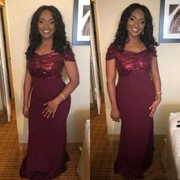 Cheap Burgundy Sequined Bridesmaid Dresses Mermaid Black Girls Mother Dresses Off Shoulder Ruched Sweep Train Mother Of The Bride Dress 258V