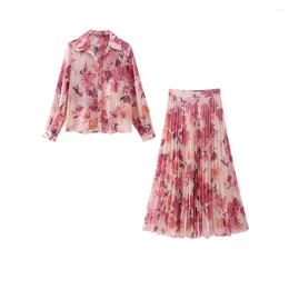 Skirts Women's Summer Floral Print 2 Piece Outfits Long Sleeve Chiffon Button Cardigans Ruffle Hem Skirt Casual Resort Wear