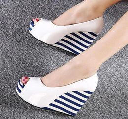 Sweet navy stripes white wedge shoes peep toe platform wedges black patent leather shoes 2 Colours size 35 to 395713281