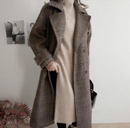 Women039s Wool Blends 2021 Women Autumn Winter Long Plaid Woollen Coat Double Breasted Wide Waisted Overcoat Full Sleeve Jacke7019645