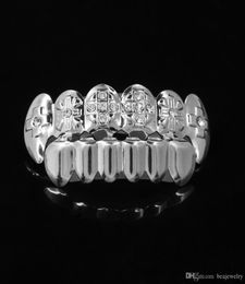 18k Real Gold Silver Plated Iced Out CZ Rhinestone HipHop Teeth GRILLZ Caps Top Bottom Grill Set vampire teeth Party Gift7319282