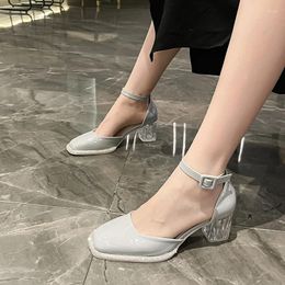 Dress Shoes Square Toe Thick Heel Rhinestone Decorated Elegant Women's Summer Fashion Sexy Banquet Party High Heels Zapatos Mujer