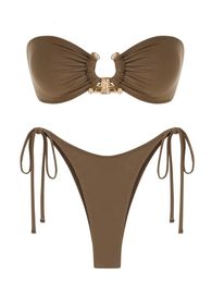 Solid O Ring Swimsuit For Women Tie Side Shiny Metal Hardware Ring Bandeau Bikini Swimwear Padded Bra Top Low Waisted 240522