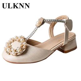 Sandals ULKNN Childrens Pearl Water Diamond High Heels Elegant Baby Girl Wedding Party Shoes Student Ball Round Toes d240527