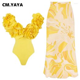Women's Swimwear CM. 2024 Summer Short Sleeve 3D Flower Slash Neck Solid One-Piece Swimsuit Skirts 2 Two Pieces Women Bikinis Set